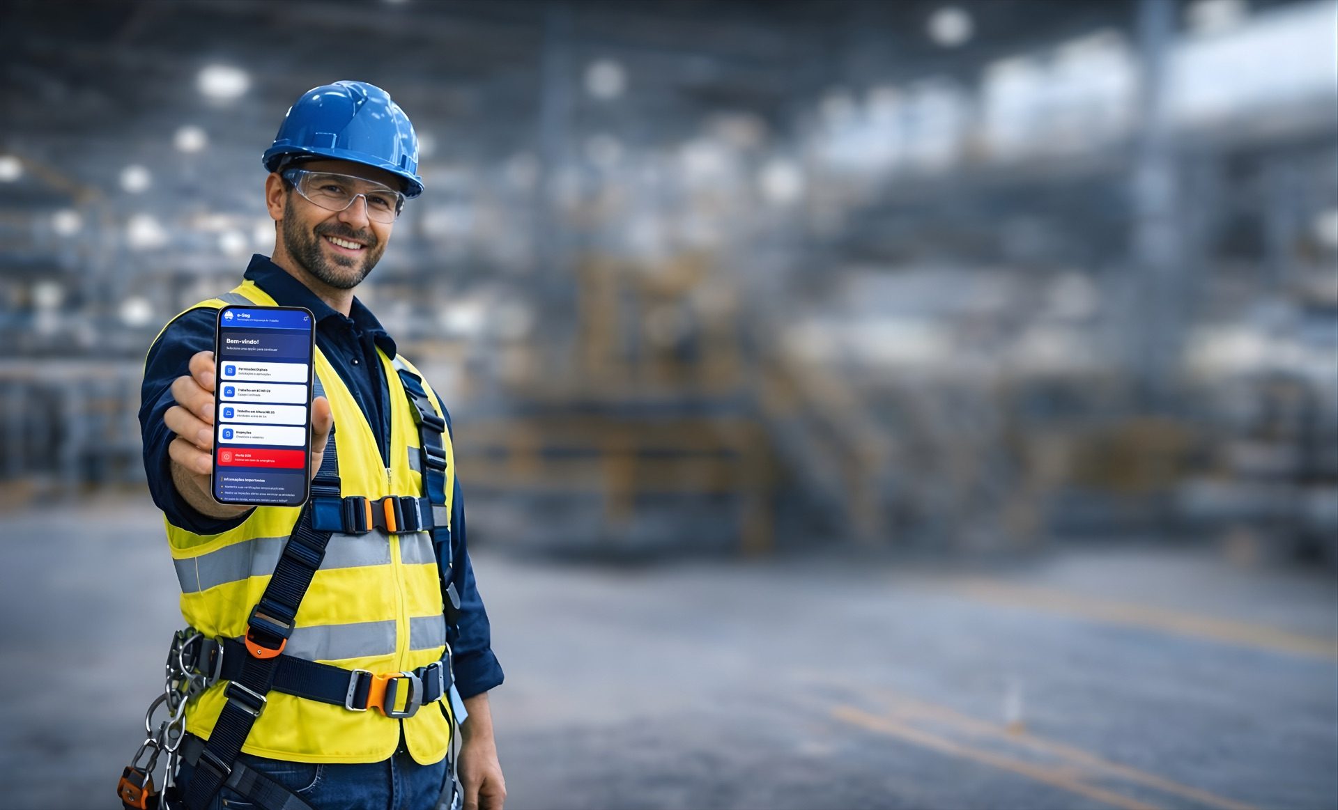 Profissional de segurança utilizando o app e-Seg em ambiente industrial